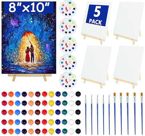 5 Pack 8x10 Inch Canvas and Easel Set Sip and Paint Kit for Adults Art Canvas Bulk with Easels Stands Trays Small Paint Brushes 12 Colors Mini Acrylic Paint Set for Couples Kids and Party Supplies