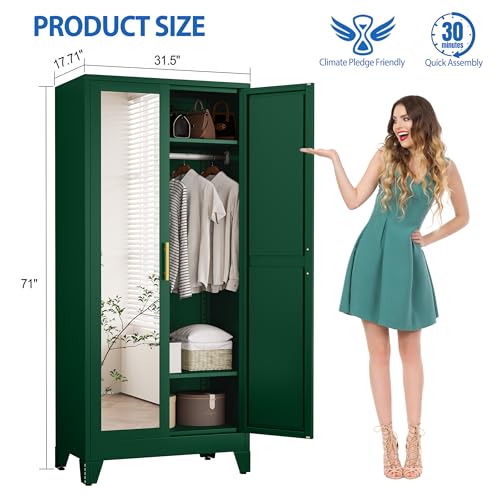 Image of GAIOUS Metal Wardrobe Cabinet with Mirror and Hanging Rod, 71 inch Green