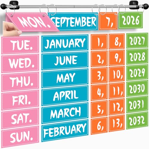 Flip Calendar for Classroom, Magnetic Rod for Classroom Whiteboard, Magnetic Calendar for Back to School Bulletin Board, Teacher Must Haves, Colorful Bright Cool (Multicolor A)