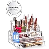 Masirs Clear Makeup Organizer with Mirror – 16-Compartment Cosmetic and Jewelry Holder, 4-Drawer Vanity Storage, Elegant Clear Design for Makeup and Accessories