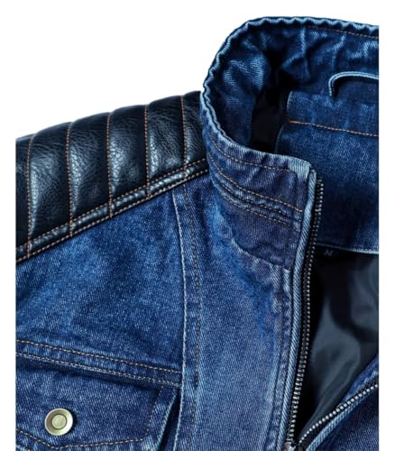 INVACHI Men’s Denim & PU Faux Leather Biker Jacket With Stand Collar Motorcycle Jean Jacket for Men4