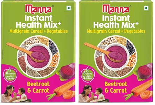 Image of Manna Health Mix Instant Multigrain Cereal, Beetroot & Carrot with Milk.Made with Real Vegetables and 8 super grains and millets. No Added Sugar, No Artificial Color, Flavors 200g (Pack of 2)