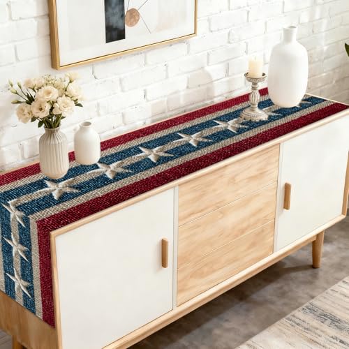 Image of Nuxovilar American Star Striped Flax Table Runner 13x72 in | Patriotic Style Table Runner for 4th of July, American Events, Festive Dinners