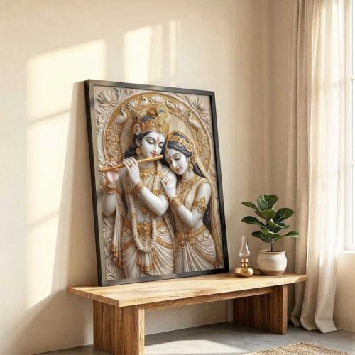 Image of CRAFTLYN Hindu God Wall Art WALL ART Prints Framed Spiritual Religious Paintings for Living Room, Pooja Room, Bedroom, Office, Meditation Room, Home Decor (Radha krishna 2, 19 X25, Black)