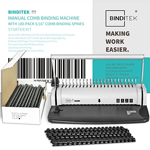 Binditek Comb Binding Machine, 21-Hole, 150 Sheet, Comb Punch Binder Machine With Starter Kit 100 Pcs 5/16" Binding Combs, Comb Binder Machine For Letter Size, A4, A5 Or Smaller Sizes #TOP5