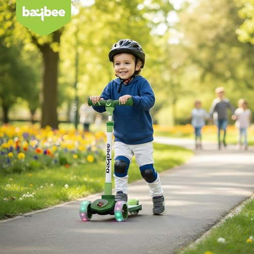 Image of Baybee Kitty Kick Scooter for Kids | Foldable 3 Wheel Kid Scooter with 4 Height Adjustable Handle & Brake | Skate Scooters with LED PU Wheels | Runner Scooters for Kids 3 to 10 Years Boys Girl (Green)