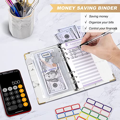 Budget Planner Budget Binder A6, Budgetplaner Geld Organizer mit Weiche PVC Tasche, TAOPE Leder Binder Notizbuch A6 Cash Stuffing, 6 Löcher Budget Planner, Haushaltsbuch mit Geldfächer Marmor Weiß