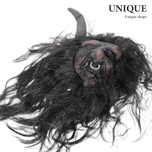 Masque de bœuf avec cornes rigides et perruque noire intégrée Uonlytech