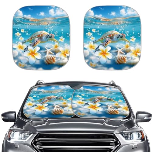 Image of 2 PCS Car Windshield Sun Shade Foldable Sea Turtle Print Car Front Window Sunshade Reflect UV Sun and Heat and Protect Your Car, Universal Fit for Auto Truck Van SUV