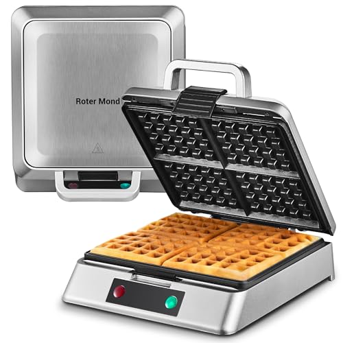 Waffle Maker, Roter Mond 4 Slice Square Waffle Iron, Compact Classic Stainless Steel Waffle Maker,Non-stick surface for easy cleaning for Family Use Breakfast, Save space for storage,1300W, Silver