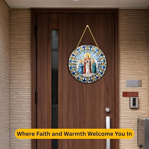 Image of Printality Stained Glass Style Christian Wall Hanging | Round MDF Plaque with Glossy Finish & Golden Zardosi String | Religious Wall Art | Jesus, Mary & Angels Design | Faith Home Decor (Design 3)