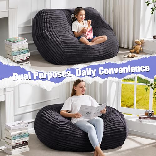 Image of Hobestluk 3FT Bean Bag Chairs Adult Bean Bag with Portable Handle Comfy Large Bean Bag Chair with Removable Cover for Living Room Bedroom or Reading Nook (Stripe Dark Grey, 3FT)