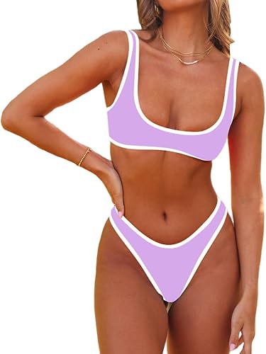 SherryDC Women's Sexy Scoop Neck Bikini Sets Color Block High Cut Thong Brazilia