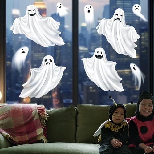 2 Large Sheets Halloween Window Clings White Ghost Window Stickers Removable Spooky Window Decals Double Sided Halloween Decoration for Glass Ghost Windows Supplies for Party School Office Home Decor