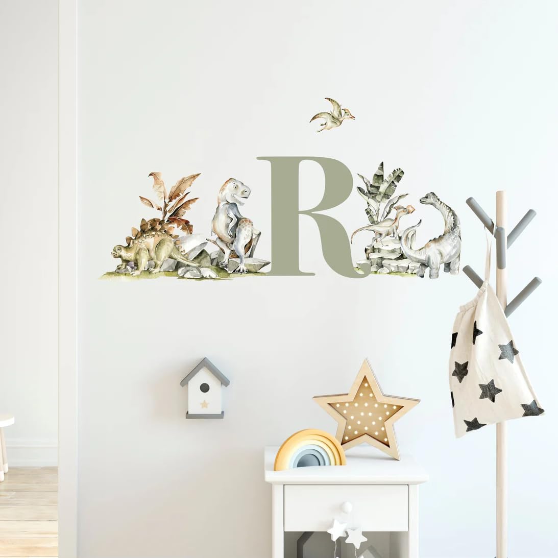 Live Vida Dinosaur Land Personalised Initial Wall Sticker Set – Watercolour Dinosaurs & Custom Letter for Kids Bedroom, Nursery & Playroom Decor – Easy Peel & Stick Wall Art