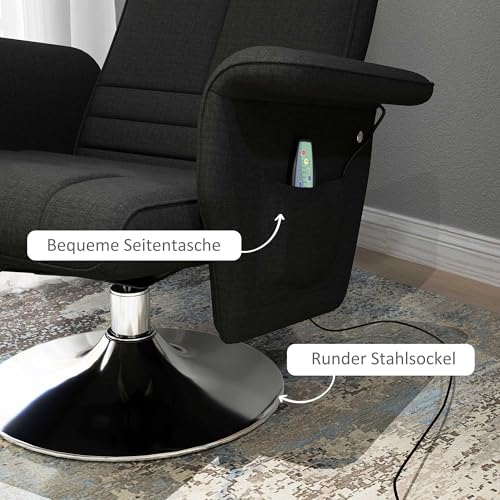 HOMCOM Relaxsessel mit Hocker, 360°drehbarer Fernsehsessel mit Vibrations-Massage, Liegefunktion, Massagesessel mit Seitentasche, Ruhesessel, Leinenstoff für Wohnzimmer Schwarz – Bild 7