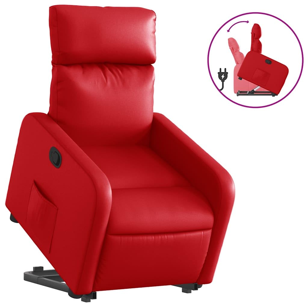 Sillón elevador reclinable con elevación eléctrica y respaldo manual, color rojo de piel sintética, estructura estable de madera y metal, bolsillo lateral, asiento acolchado