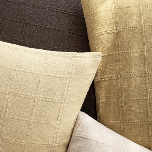 Image of Foindtower Set of 1 Decorative Linen Check Throw Pillow Cover Neutral Farmhouse Vintage Cushion Cover Modern Boho Accent Home Decor for Sofa Chair Couch Bedroom Living Room,20x20 Inch,Light Yellow