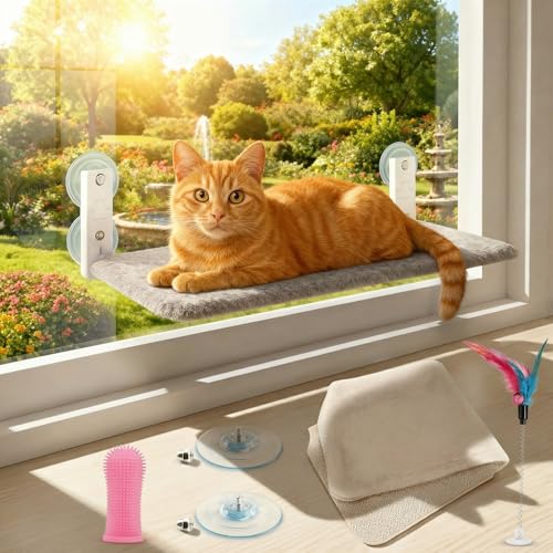FR3® Hamaca para Gatos Ventana - Cama Colgante con 4 Ventosas de Alta Resistencia | Incluye 2 Fundas Reversibles Invierno/Verano,Gris y Crema, Juguete y 2 Ventosas de Repuesto | Asiento para Cristal