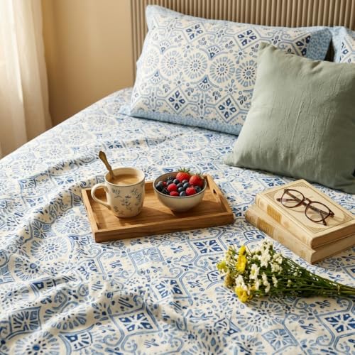 Image of Naksh Queen Size Bed Sheet Blue Geometric Print 2 Pillow Covers | Modern Blue Geometric Print with Symmetrical Pattern | Bed Sheet Double Bed | Royal Sajawat Collection |
