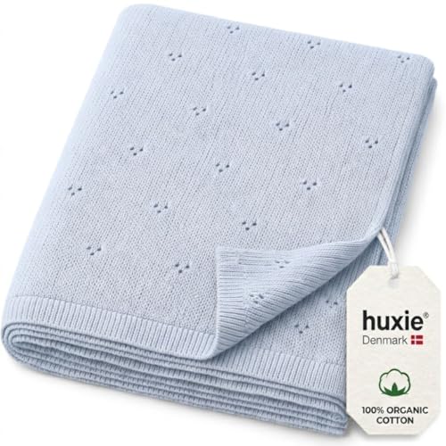 Image of 100% Organic Cotton Knit Receiving Baby Blanket for Newborns - Soft, Breathable Blanket for Crib & Stroller - Nursery Gift (Baby Blue)