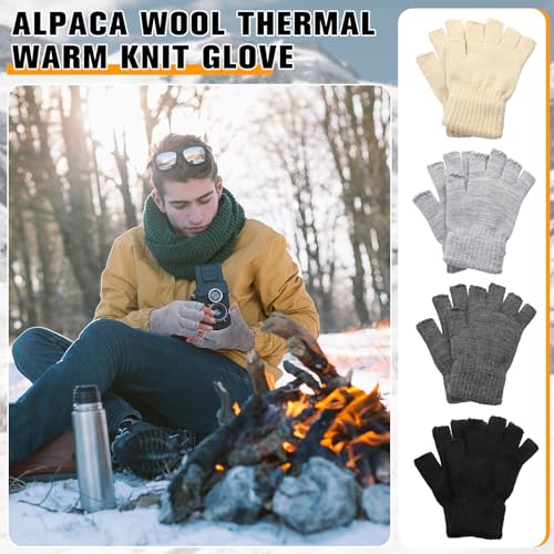 Bonuci Luvas de malha de alpaca sem dedos, luvas quentes de malha de meio dedo para homens e mulhere