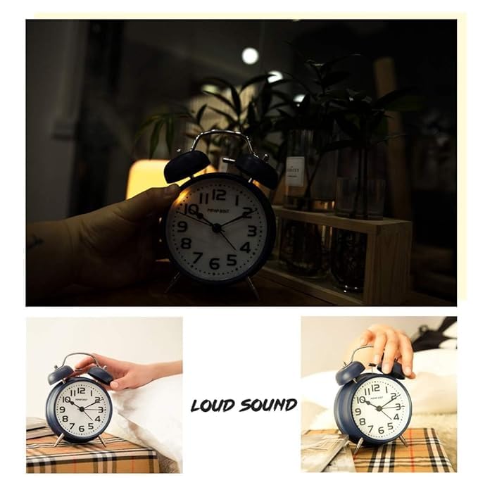 Image of DRONTER Vintage Twin Bell Analog Display Table Alarm Metal Clock with Night LED Light Heavy Slippers Extra Loud Alarm Clock Ideal for Student and Kids Bedroom (Black) (Blue Round), 12 *15 Cm