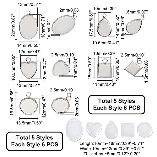 UNICRAFTALE 60pcs 5 Styles 30set Cabochon Pendant Settings Stainless Steel Blank Bezel Pendant Trays Oval Teardrop Heart Flat Round Square Base Cabochon Charm with Glass Cabochons for Jewelry Making - Image 4