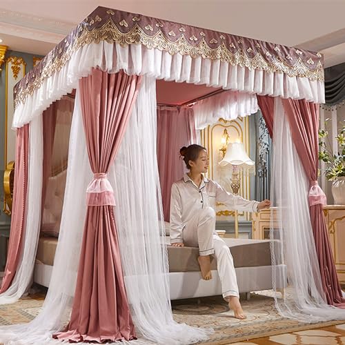 Rideau de lit en dentelle rose de qualité supérieure avec broderies artisanales