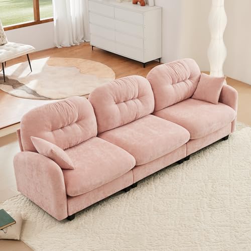 Image of KEIKI 107 inch Oversized Chenille Modular Sectional Sofa with High-Density Foam Cushion and Tufted Pleated Cushion Backrest, Upholstered Modern 3-Seater Cloud Couch with 2 Pillow, for Living Room, Pink