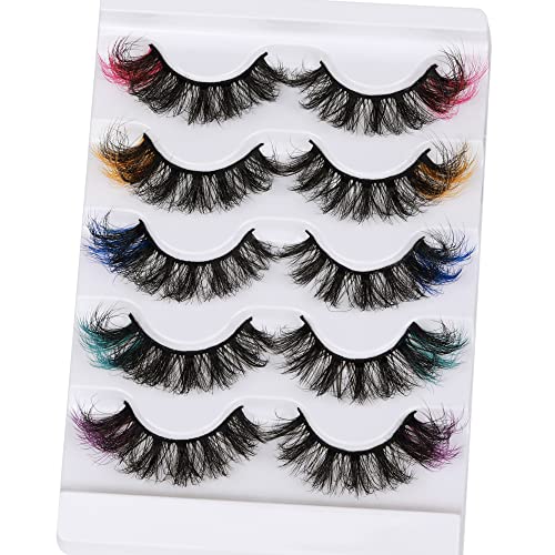 Focipeysa Colored Lashes Fluffy Mink Eyelashes Pink End 8D Dramatic Wispy Lashes C Curl 5 Color Mixed False Eyelashes Eye (Pink Orange Purple Green Blue) #TOP2