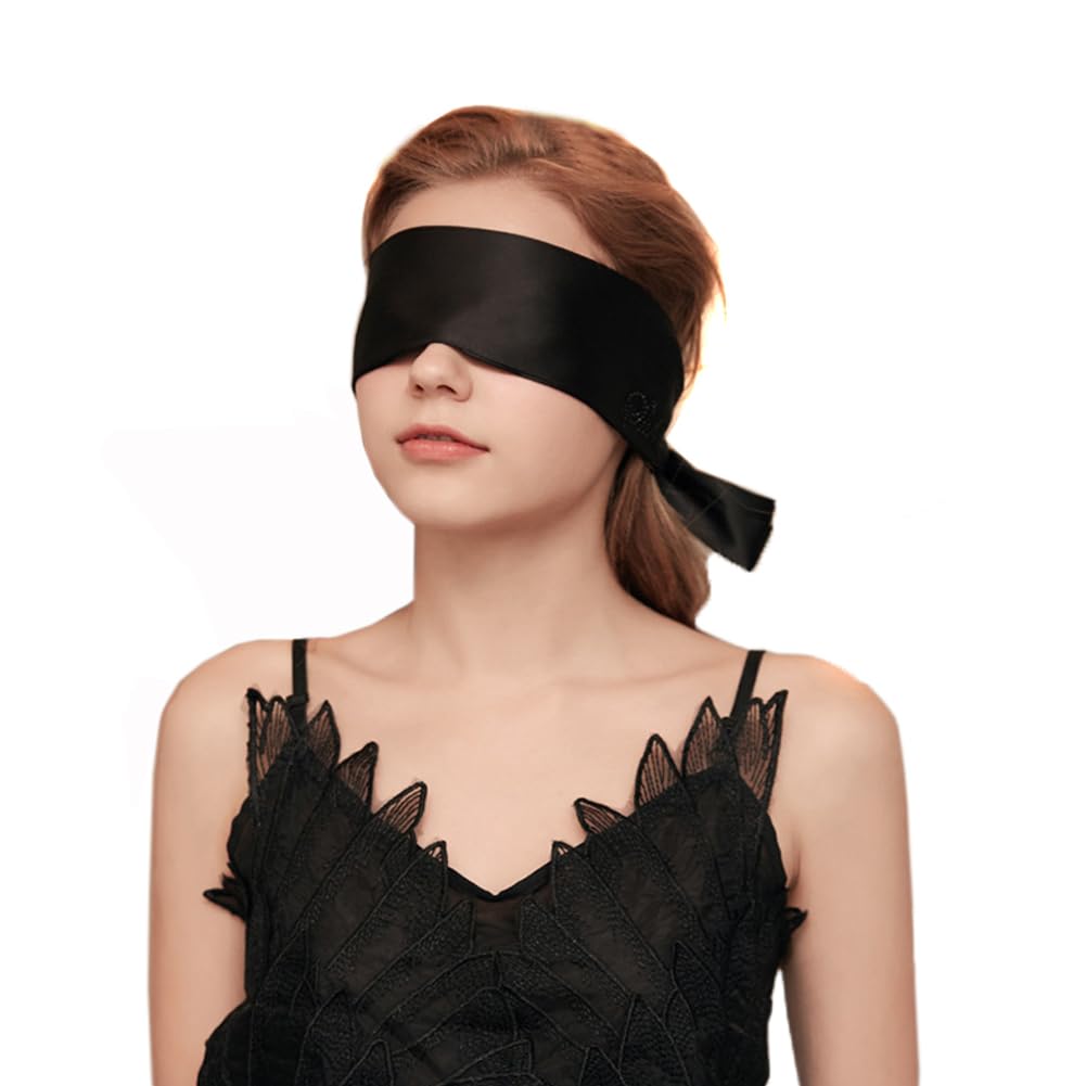 Black 150cm 59inch Silk Satin Sleeping Eye Mask Adjustable Blindfold Soft Satin Eye Covers for Travel Nap Meditation