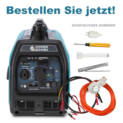 LPG/Benzin-Inverter-Generator KS 2100iG S von Könner & Söhnen. Stromerzeuger 2000 W, Schuko-Steckdose 230 V, 2 USB-Anschlüsse, LED-Anzeige, ECO-Modus, notstromaggregat EURO 5