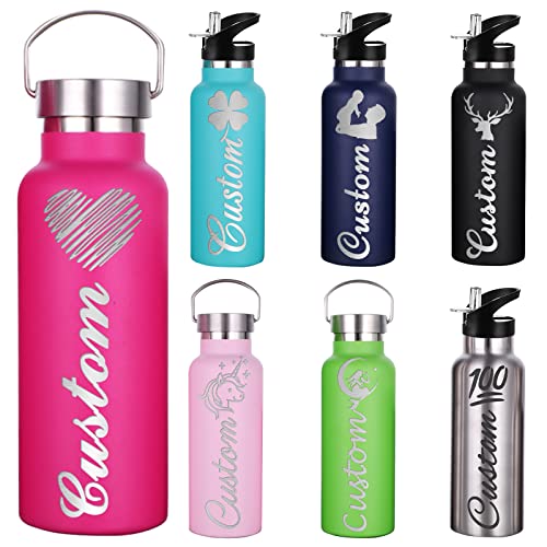 Busparst Personalised Water Bottles Insulated with Straw Custom Engraved 12oz Sport Water Bottle with Name Customized Stainless Steel Water Bottle for Girl and Boys(26oz)