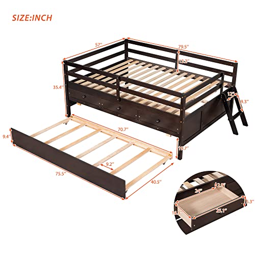 Full Size Captain Bed With Fence Railings, Wood Beds With Trundle And Storage Drawers Low Loft Bed Frame With Slats Support & Ladder For Kids Boys Girls Teens, Espresso #TOP1