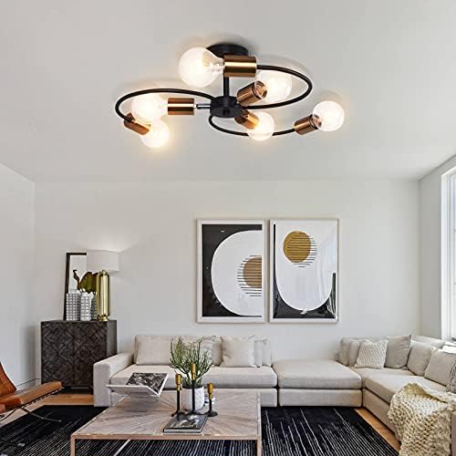OYIPRO Semi Flush Ceiling Light Fitting, 6-Lights Ceiling Lamp, Modern Chandelier, E27 Socket Black Gold Metal Lamps, for Living Room, Bedroom, Kitchen