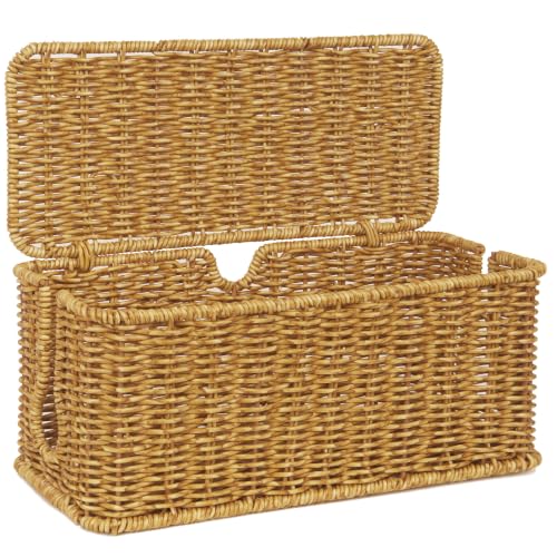 Image of ZhiYo Rattan Cable Management Box, Cord Organizer, Nature, 12.5 inchx5 inchx5.2 inch