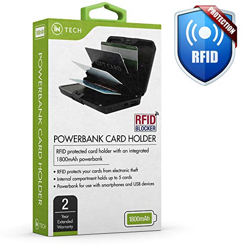 iN TECH 1800 mAh Powerbank and RFID Protection Card Holder - Compact Powerful Power Bank Wallet Case with Signal Blocking Protection, Micro USB Cable Included