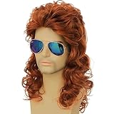 Dai Cloud Mens Orange Mullet Wig Long Curly 80s Rocker Wigs Cosplay Halloween Costumes Party Hair Wig for Male Guys(Orange)