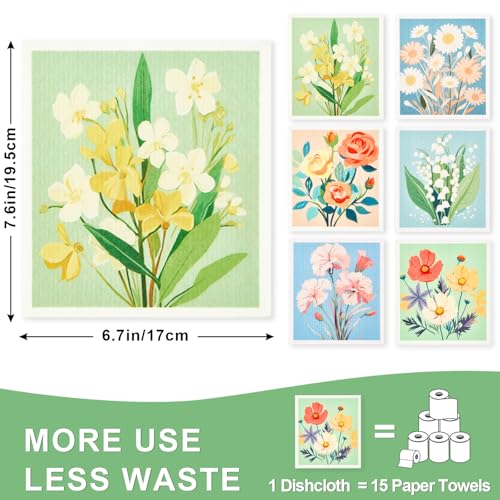 Image of 6 Pack Swedish Dishcloths for Kitchen, Reusable Absorbent Cleaning Cloths, Washable Quick-Drying Compostable Cleaning Rags for Home Housewarming Counter Wipes