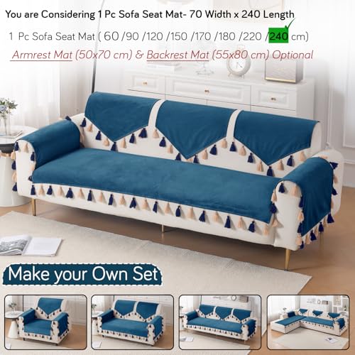 Image of HOKIPO Sofa Cover Mat with Tassel for 1 /2 /3 Seater & L Shape Sofa | DIY Sofa Cover Set | Dyed Holland Velvet | 'TasselTone Series' 70(W) x 240(L) cm |Sea Blue (IN-1111-BL)