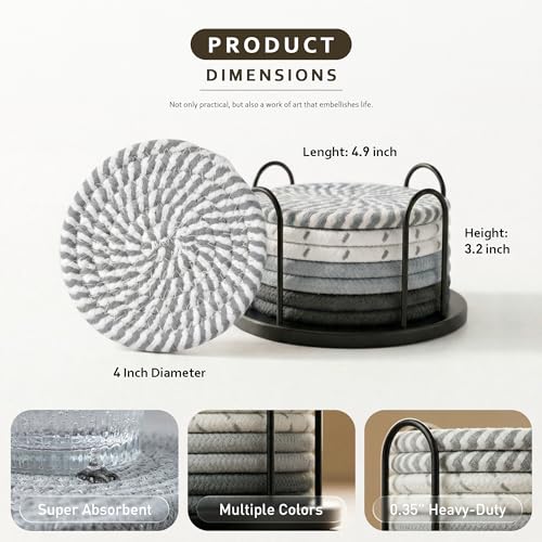 Image of Lazebox Coasters Set of 8 for Drinks, 4 Inch Large Coasters for Coffee Table, Tabletop Protection for Hot & Cold Drinks, Versatile Coasters for Home Decor, Non-Slip & Easy to Clean, Gray