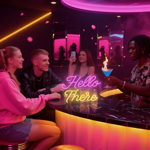 Image of Hello There Neon Sign, Pink Yellow LED Light Sign 13.78 x 10.63 Inch