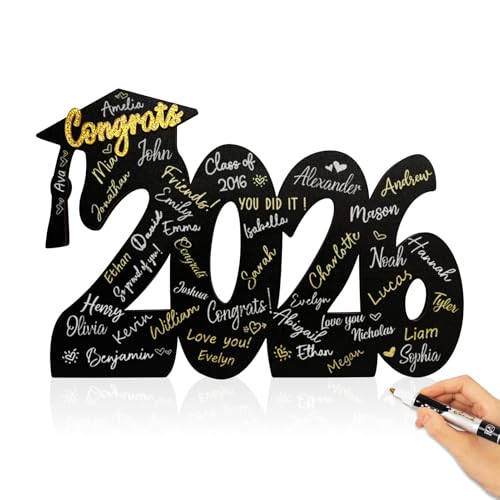 2026 Graduation Signature Board - Large Wood Class of 2026 Guest Book Alternative - Graduation Decorations for High School and College - 14.5 Grad Party Decorations with Gold Acrylic Congrats Sign