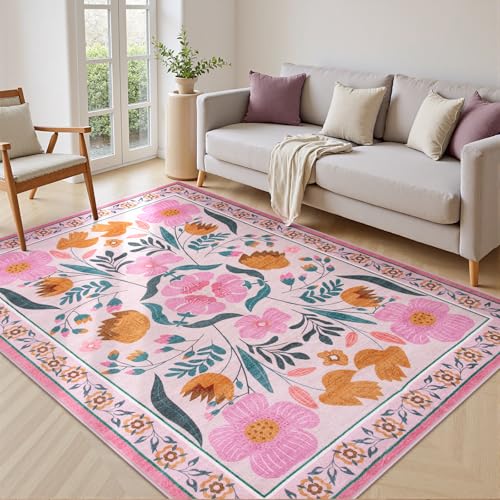Alfombra decorativa floral rosa 5x7 pies miniatura 3