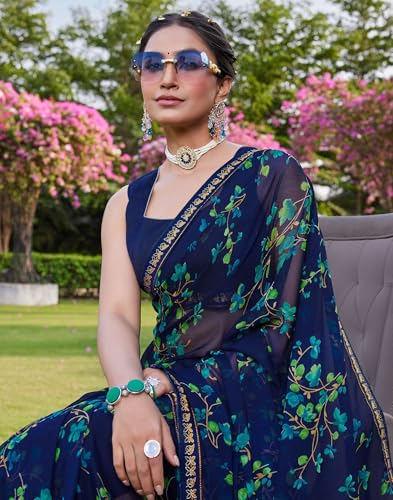 Image of SIRIL Women's Printed Chiffon Saree with Unstitched Blouse Piece