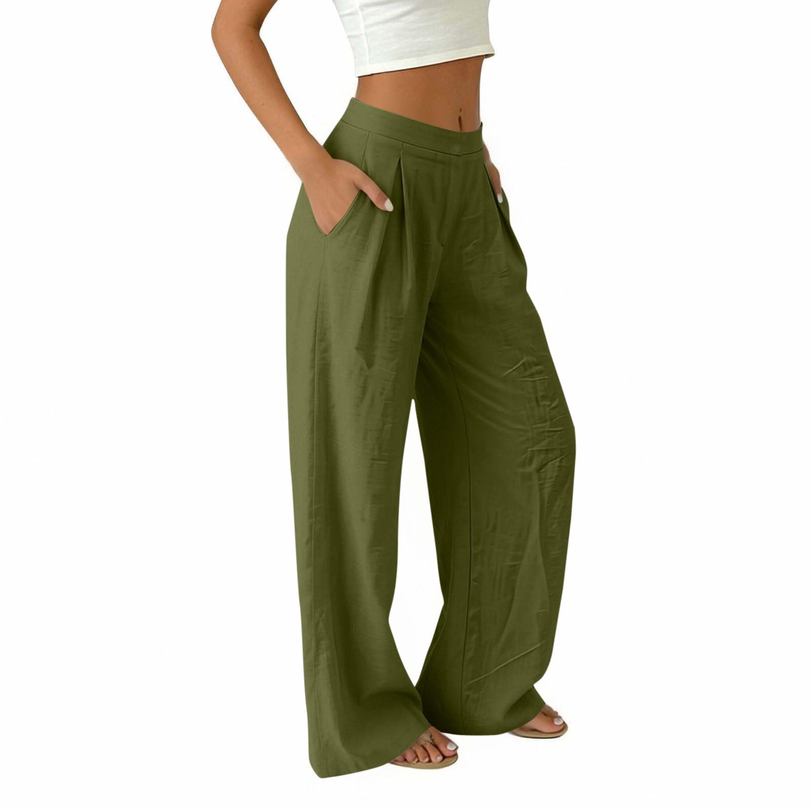 Générique Pantalon Fluide À Taille Haute pour Femme avec Poches Et Fermeture - Pantalons Large Style Athleisure, Coupe Droite, Idéal comme Pantalon Décontracté pour Les Sorties D'Été