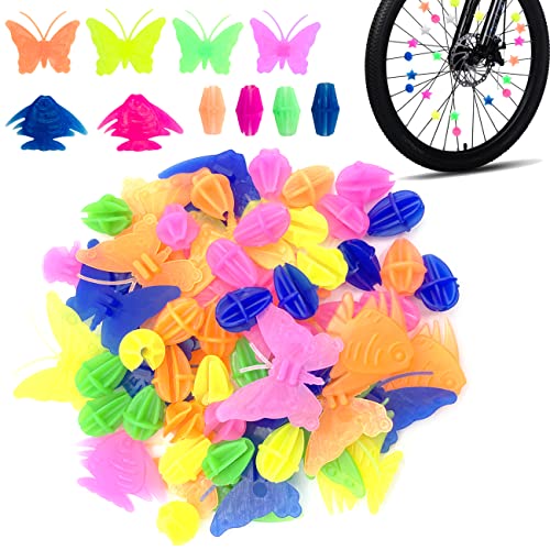 CKANDAY 62 Pieces Bike Wheel Spokes Beads, 2 Styles Colorful Bicycle Decoration Spoke Plastic Clip Round Decor Beads for Kids, Assorted Color and Shapes, Butterfly, Fish & Oval Types