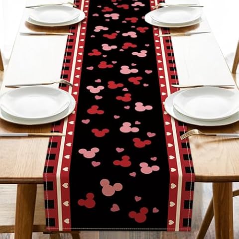 Seliem Valentine's Day Black Table Runner, Pink Red Love Hearts Anniversary Kitchen Dining Table Decor, Wedding Holiday Burlap Home Decoration Indoor Outdoor Party Supply 13 x 60 Inches Cover