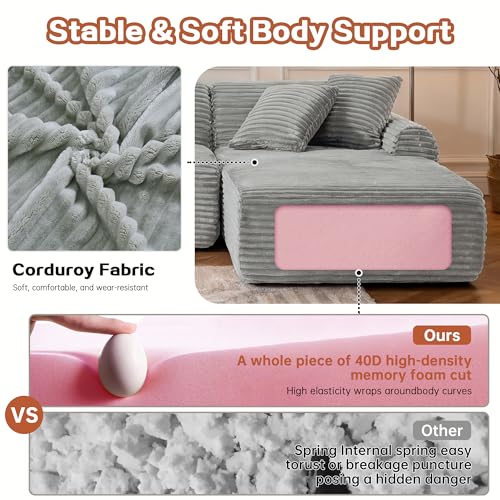 Image of KEIKI 2Seat Modular Boneless Sectional Corduroy Sofa Couch with Chaise for City Apartment Apartment Living Family Friendly Homeowners Soft Plush Comfortable Cozy Relaxing Contemporary Design Grey